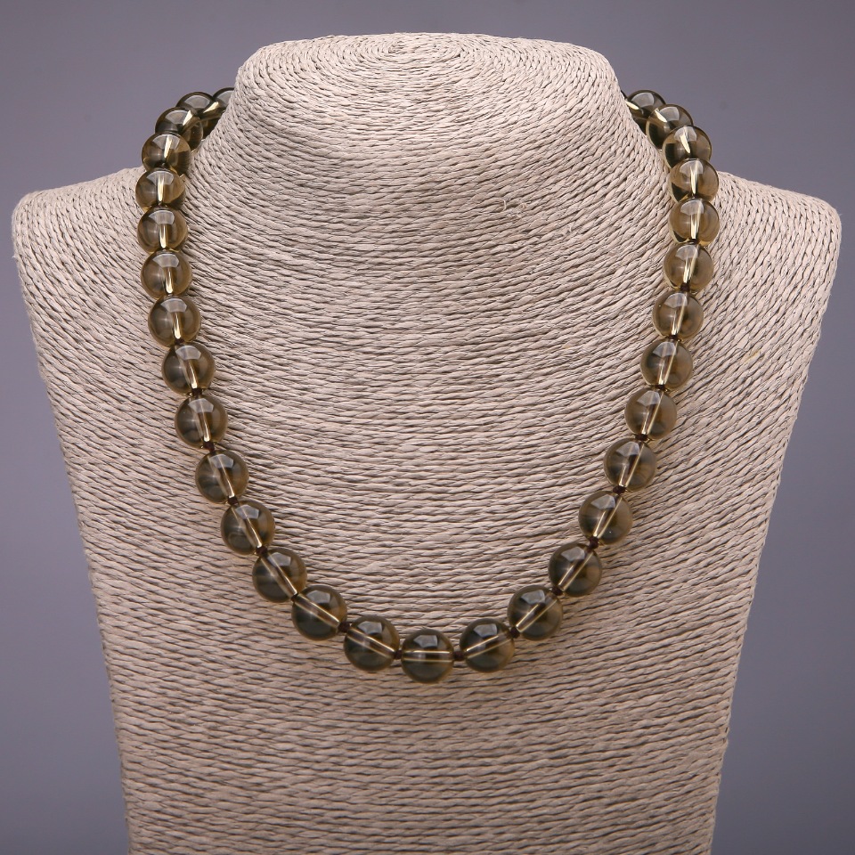 Necklace with smoky topaz (synthetic) smooth beads, 12 mm diameter, 46 cm long