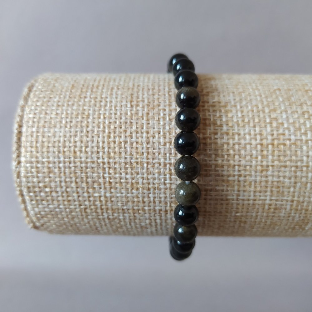 Golden Obsidian Bracelet on Elastic Cord, Smooth Beads 6.5 mm, Length 18 cm
