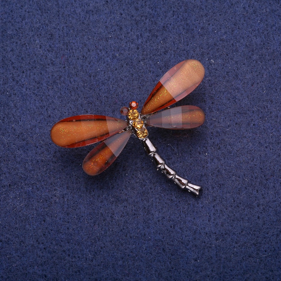 Dragonfly Brooch with Brown Crystals, Silver-Toned Metal 32x43mm