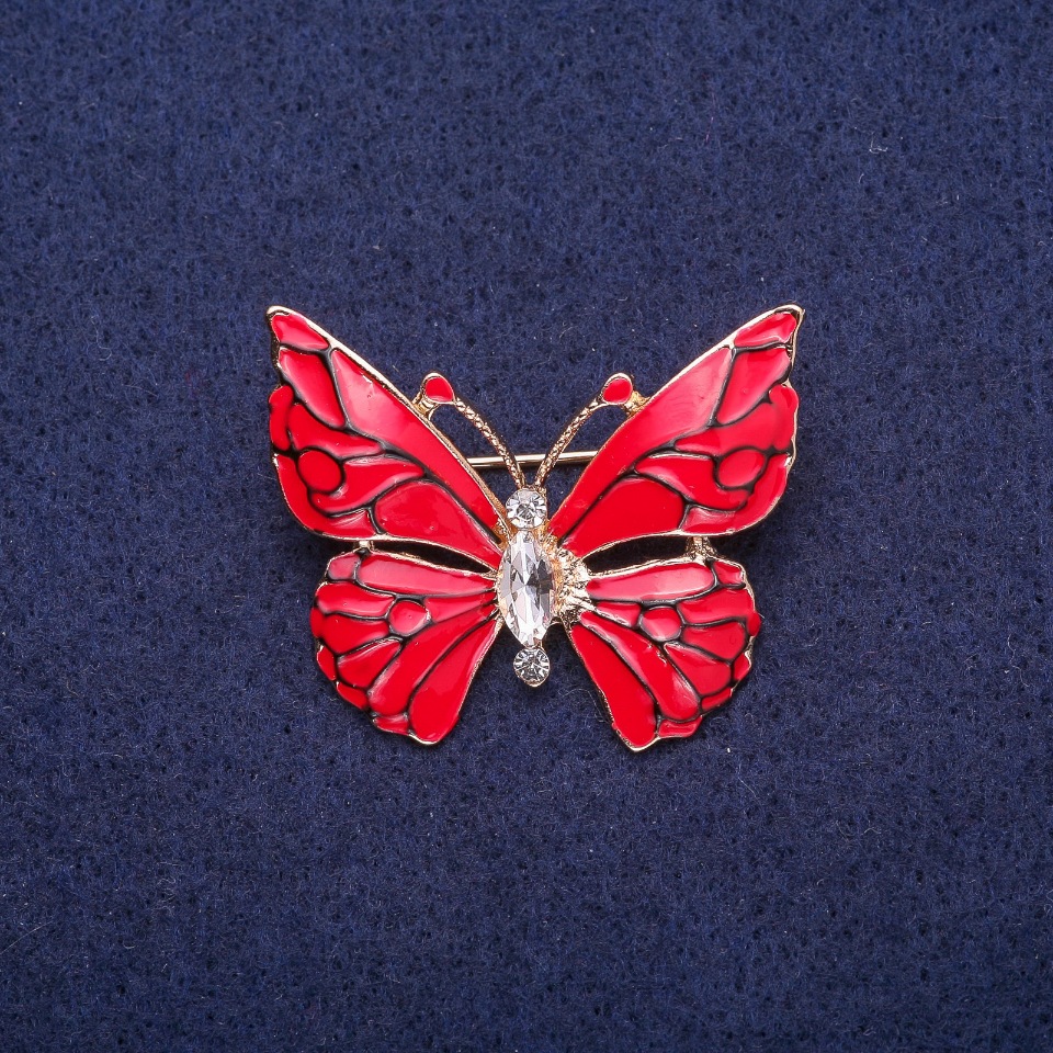 Butterfly Brooch with Red Enamel and Crystal, Gold-Tone Metal 29×37mm