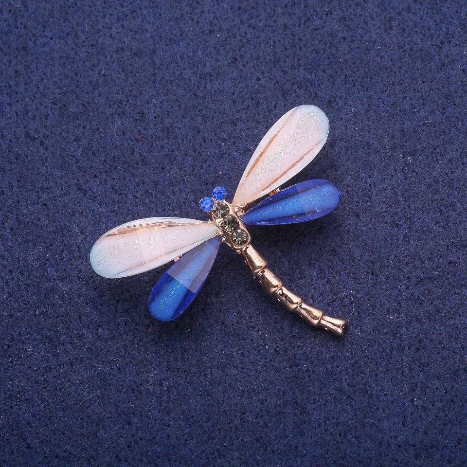 Dragonfly Brooch White-Blue, Golden Metal 32x43mm