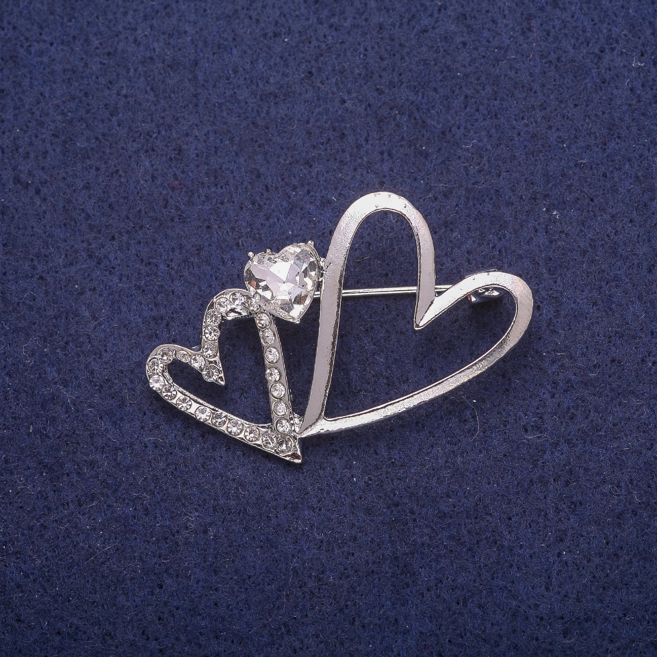 Clearance: Crystal Heart Brooch, Silver-Tone Metal 29x42mm
