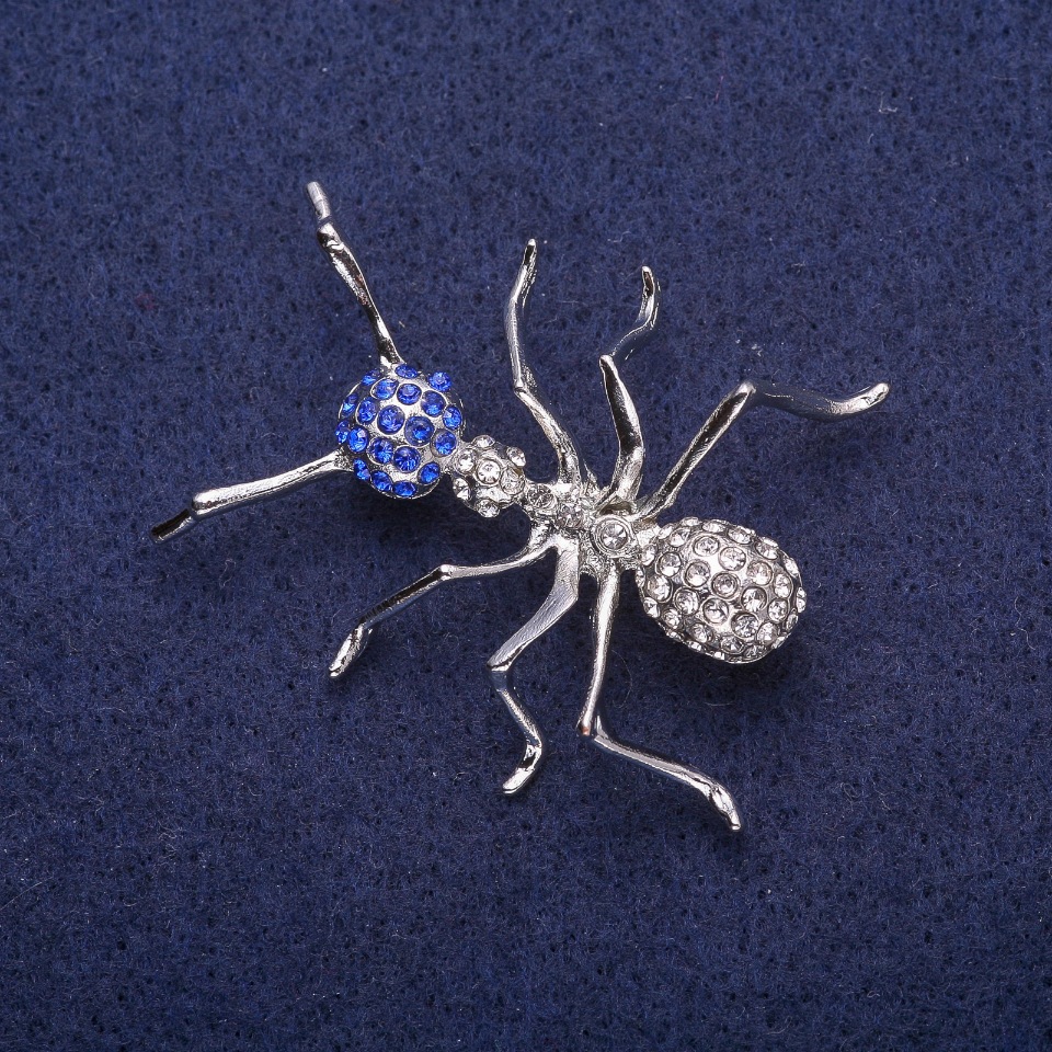 Ant Brooch with Rhinestones, Silver-Colored Metal 35×44 mm