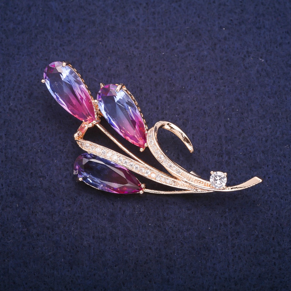 Brooch Twig with Pink-Blue Crystals in Swarovski Style, Golden Metal 32x65 mm