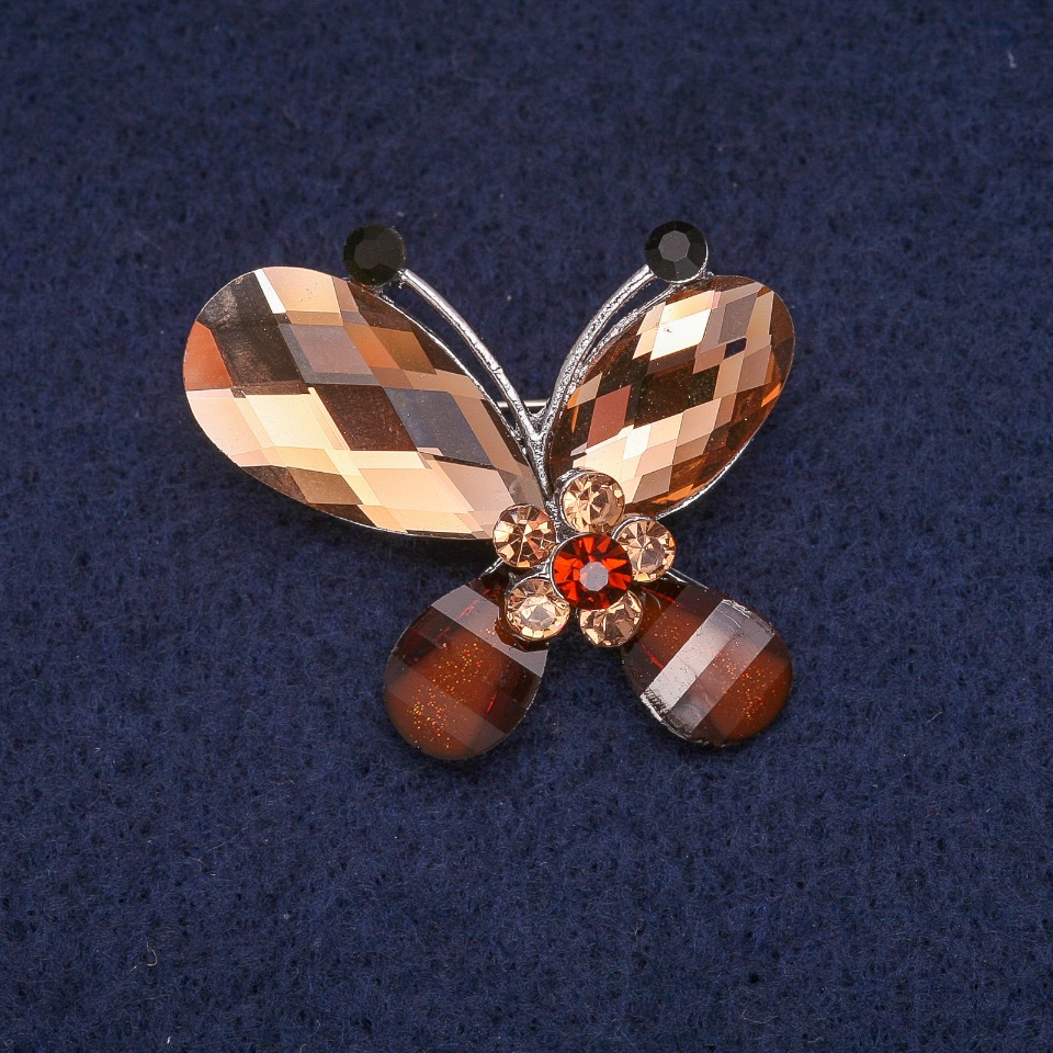 Butterfly Brooch with Brown Crystals, Silver-Toned Metal 27x33 mm