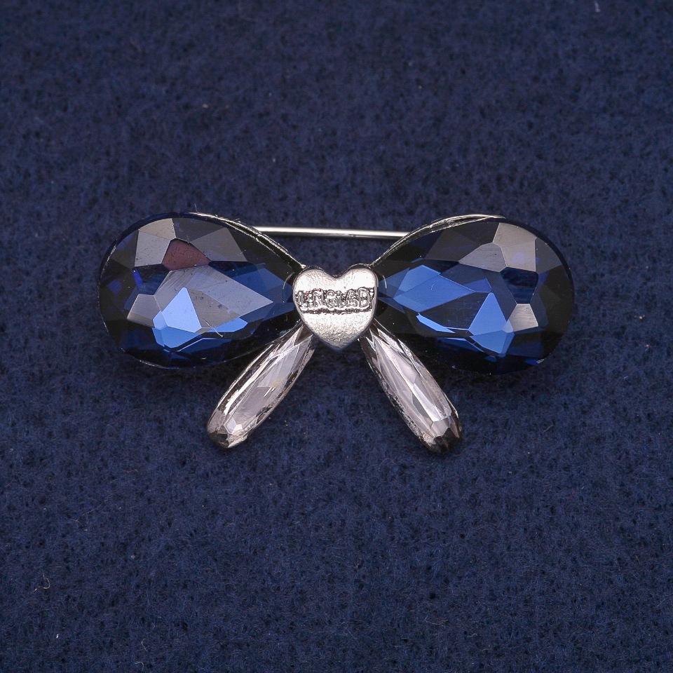 Bow Brooch with Blue Crystals, Silvery Metal 20x40 mm