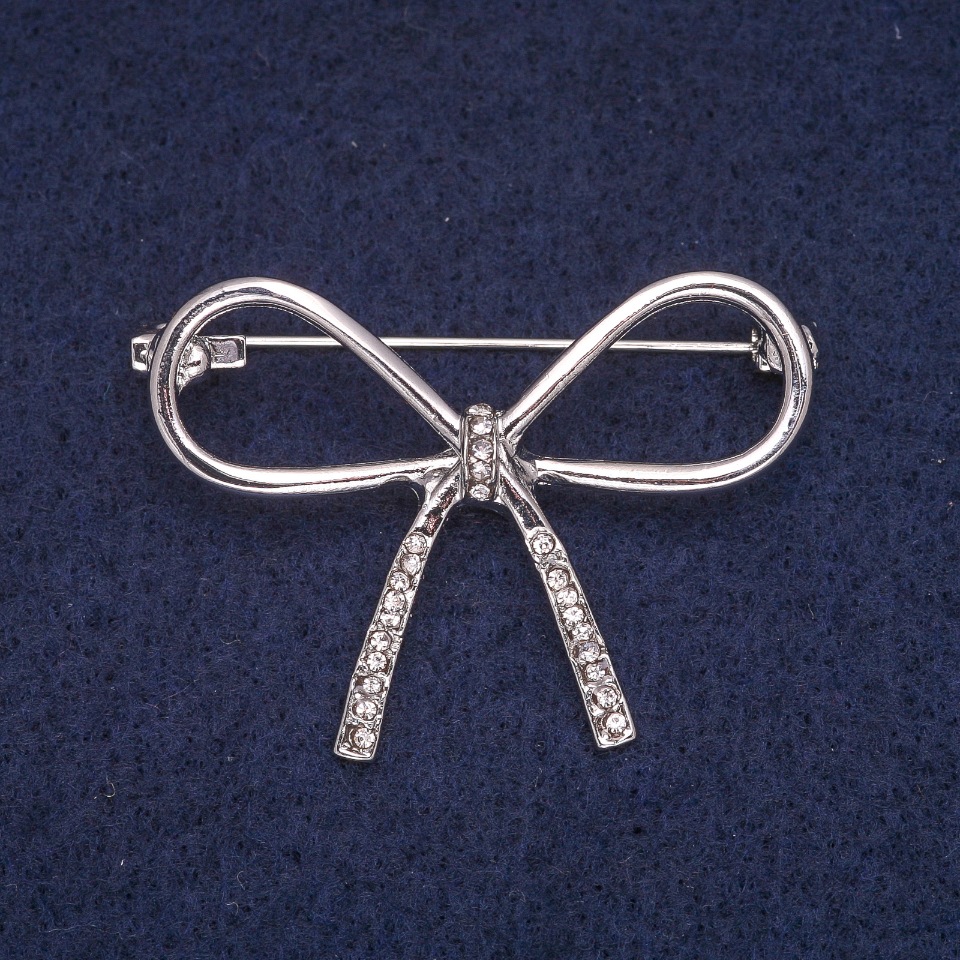 Bow Brooch with White Crystals, Silver-Toned Metal 30x41mm