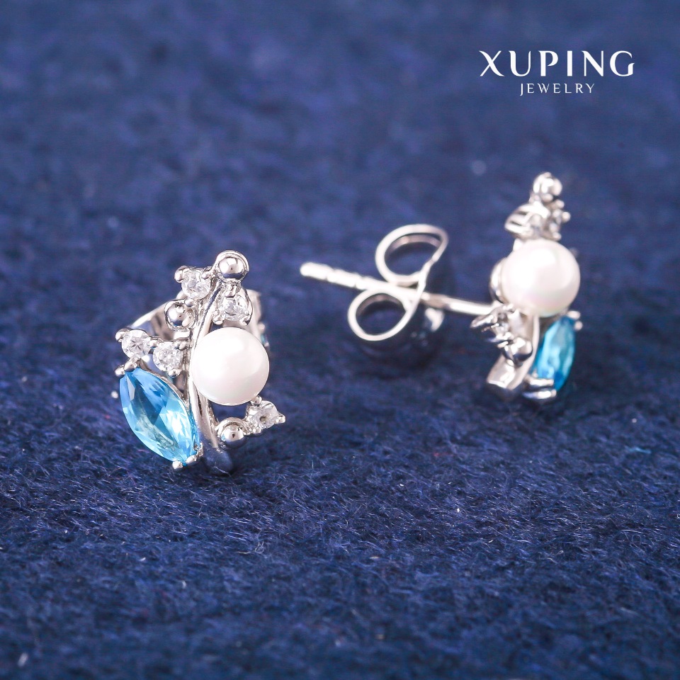 Xuping stud earrings with blue crystals and Majorca pearl, diameter 8x13mm, Rhodium-plated