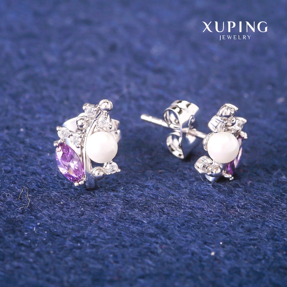 Xuping stud earrings with lilac crystals and Majorca pearls, 8x13 mm diameter, Rhodium