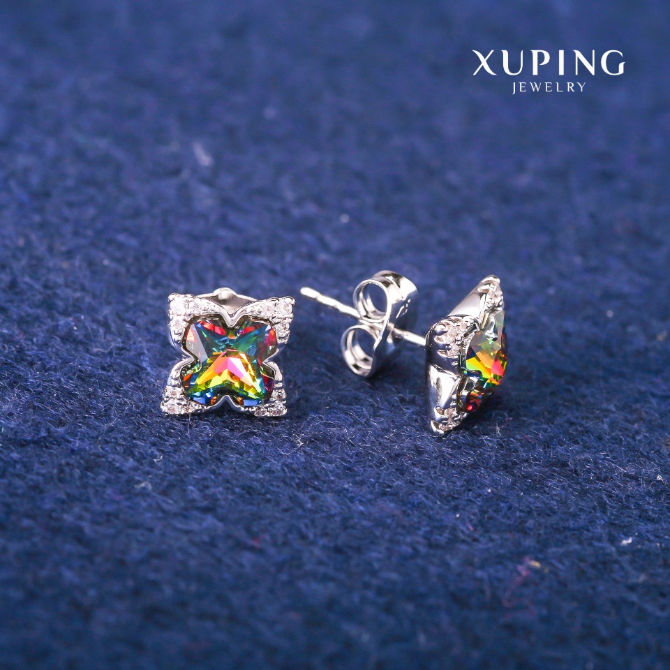 Xuping Stud Earrings with Swarovski Crystals in Rainbow Color, 9x13 mm Diameter, Rhodium