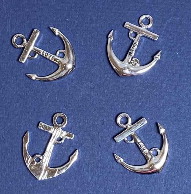 Anchor pendant with LOVE inscription, silver-plated metal, 25x20mm, pack of 4