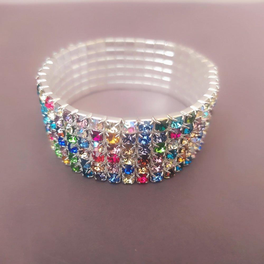 Six-strand stretch bracelet with multicolored rhinestones, summer style, 17 cm circumference