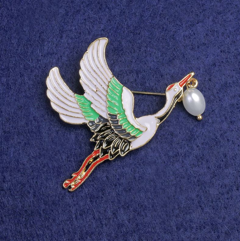 Brooch 'Stork' Enamel 50x33 mm Gold-tone Metal