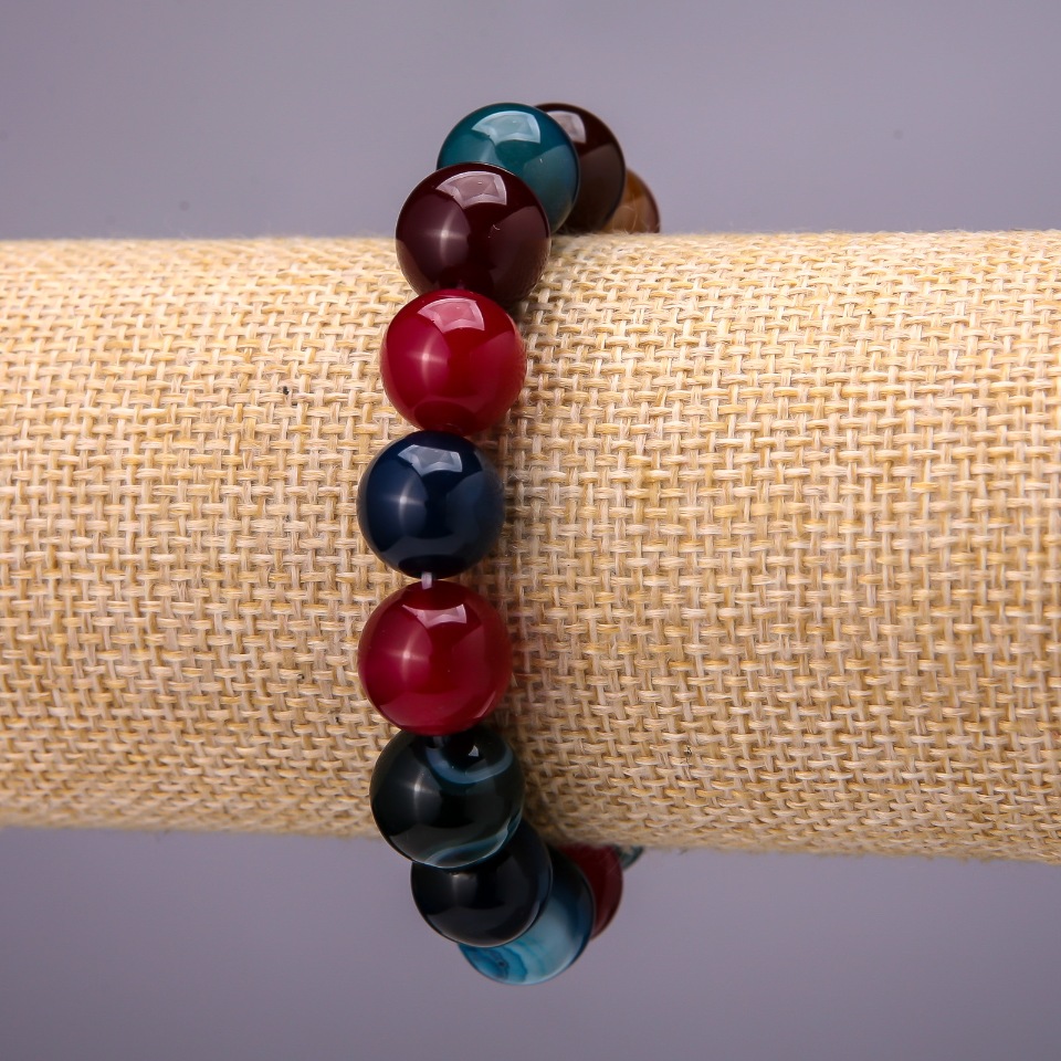 Agate Bracelet with Multicolor Smooth Bead, 12 mm Diameter on Elastic, 18 cm Length