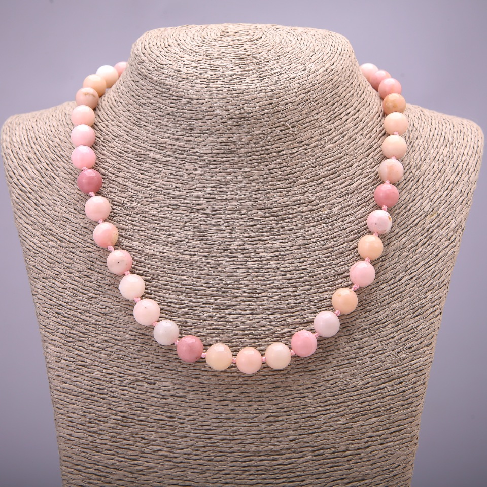 Natural Stone Necklace Pink Opal, Smooth Beads, Diameter About 10 mm, Length 45 cm