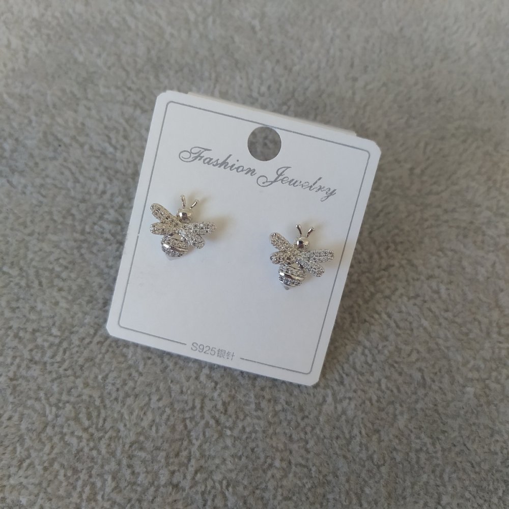 Bees Stud Earrings with White Stones 12mm, 925 Series, Silver Metal Color