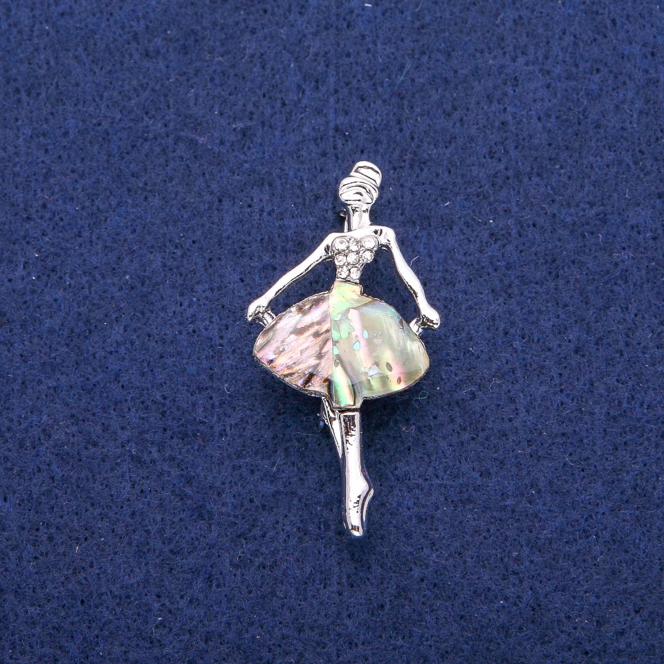 Ballerina Brooch with Abalone Shell Mother-of-Pearl and Crystals, 23x44 mm, Silver-tone Metal