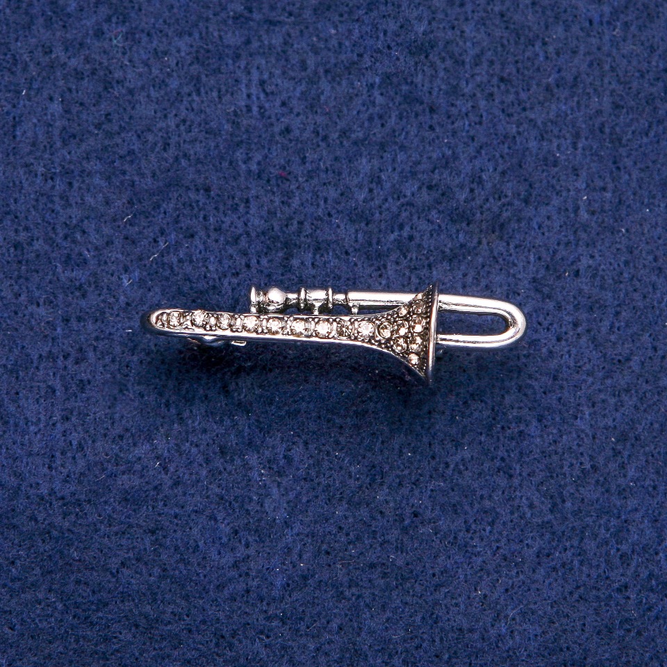 Brooch 'Pipe with Gray Rhinestones', 15x41 mm, Silver Metal