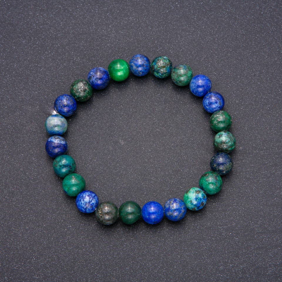 Azurite natural stone bracelet, smooth beads, 8 mm diameter, 18 cm length on elastic