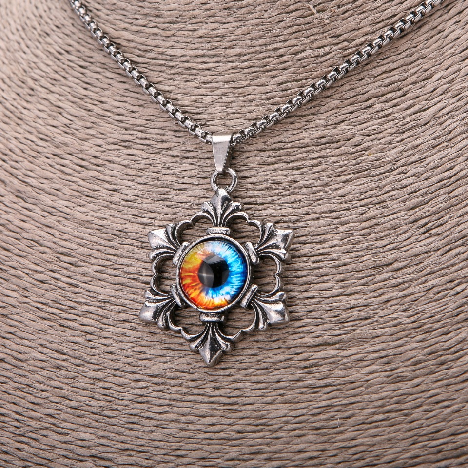 Colorful Dragon Eye Pendant 35×53 mm on a chain, 65 cm length, silver-tone metal