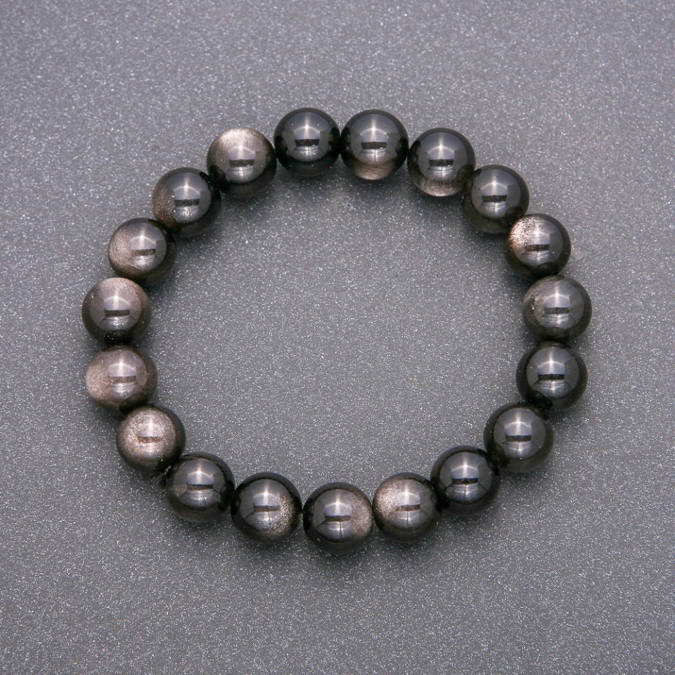 Bracelet made of natural stone Silvery Obsidian on elastic cord, smooth beads, diameter about 10 mm, length 18 cm