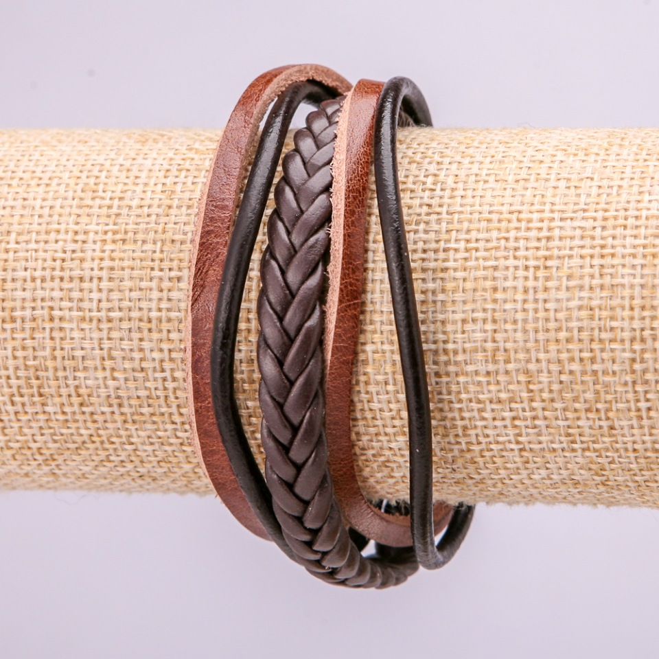 Bracelet, 21 cm long, eco-leather, black with brown, magnetic clasp