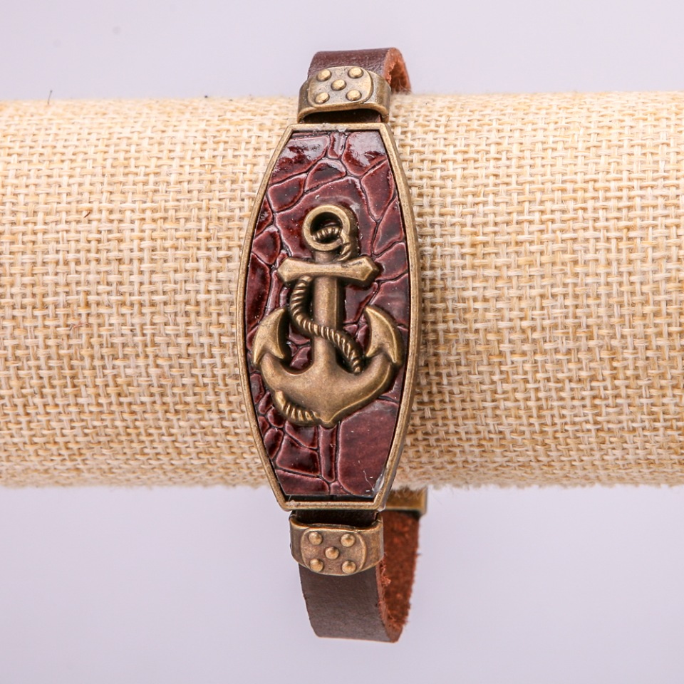 Anchor Bracelet with Metal Inlays, 21 cm Length, 20 mm Thickness, Brown Eco-Leather, with Clasp