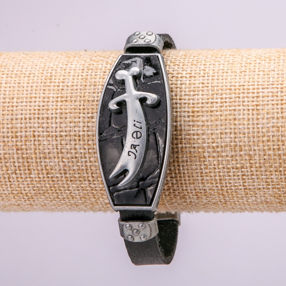 Bracelet with metal inlays, length 16–24 cm, thickness 20 mm, eco-leather, black color, on strap