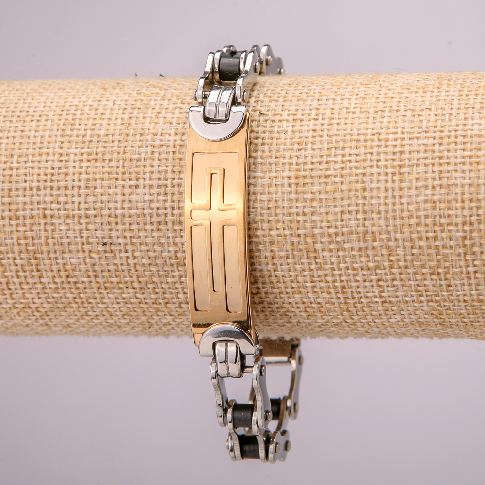 Stainless steel bracelet with clasp, 12 mm thick, 21 cm long, silver and gold-tone