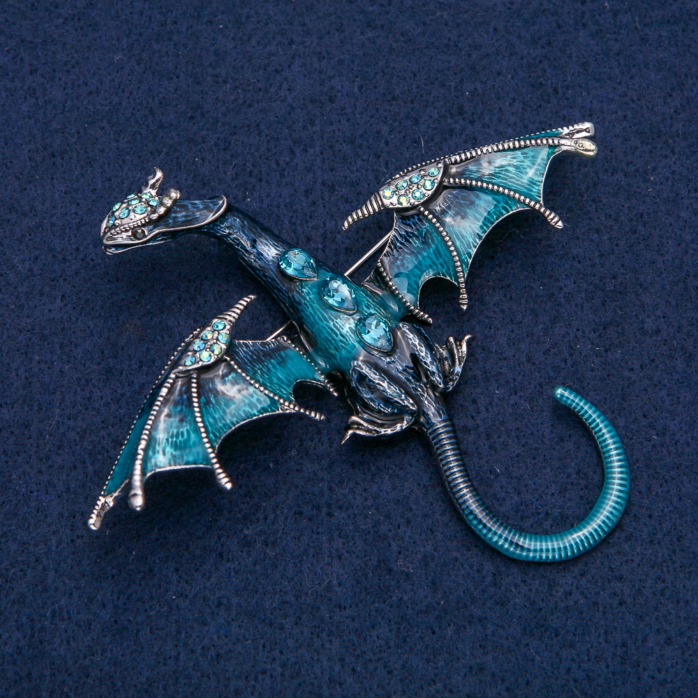 Dragon brooch-pendant, silver-toned metal with blue enamel and blue and petrol rhinestones 90x78 mm +