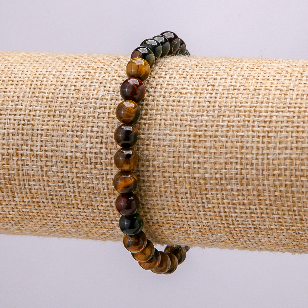 Elastic bracelet with natural stones: Tiger's Eye, Bull's Eye, Hawk's Eye, 18 cm circumference, smooth bead, 6 mm diameter +