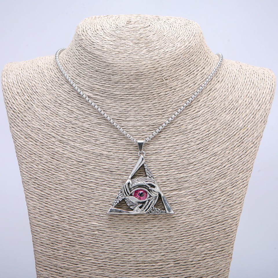 Pendant "Eye in a Triangle" 50x45mm on chain, length 70cm silver-colored metal