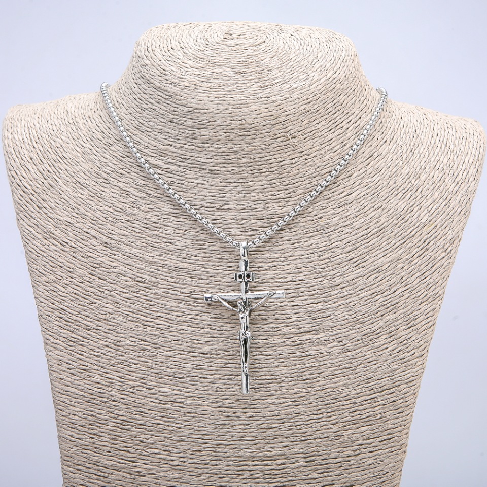 Pendant "Cross" 60x32 mm on a chain, length 70 cm, silver-colored metal
