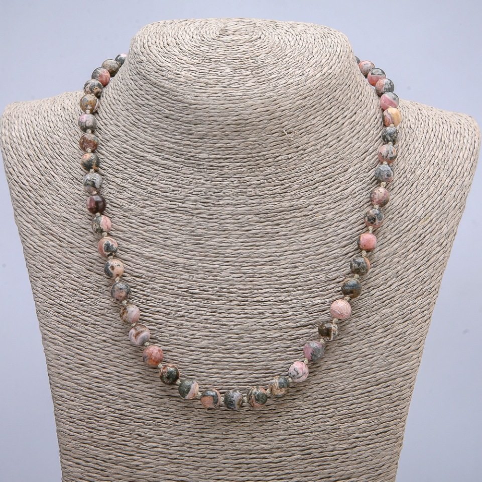 Rhodochrosite natural stone necklace with smooth beads, 6 mm diameter, 45 cm length +
