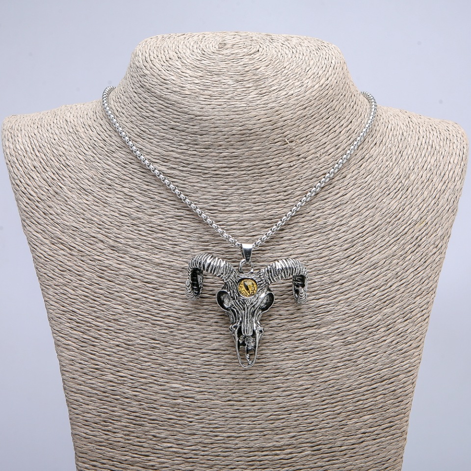 Pendant "Goat skull with dragon eye" 45x45mm on a chain, length 70 cm +- silvery metal