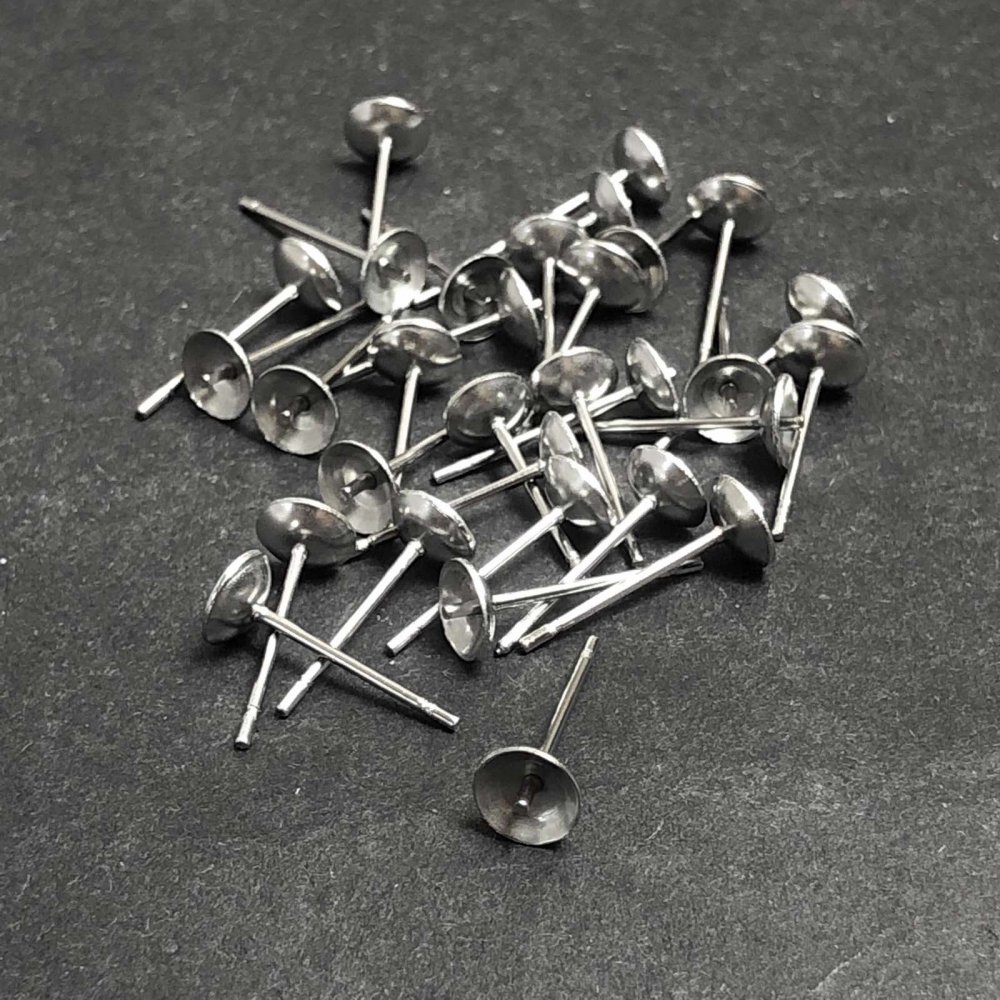 Silvery metal stud earring bases, 4mm diameter, 14mm length, 30 pcs +