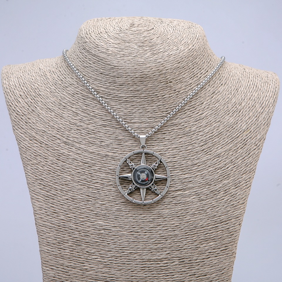 Pendant "Compass" 50x38 mm on a chain, length 70 cm, silver-tone metal