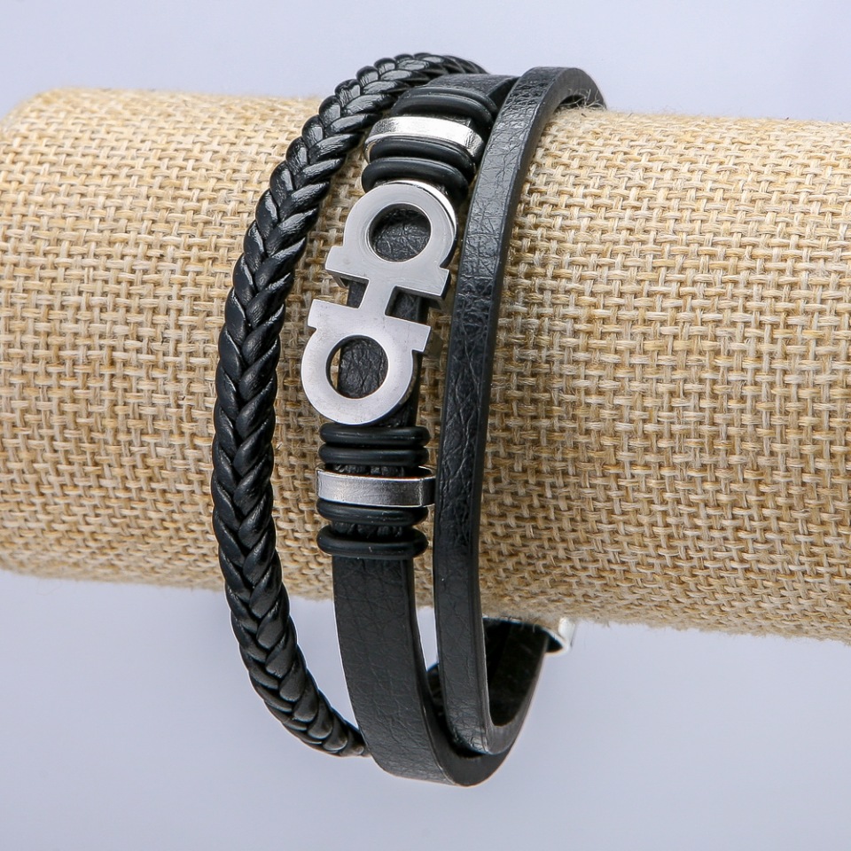Men's bracelet, black eco-leather, 10 mm thick, silver inserts, length 21 cm