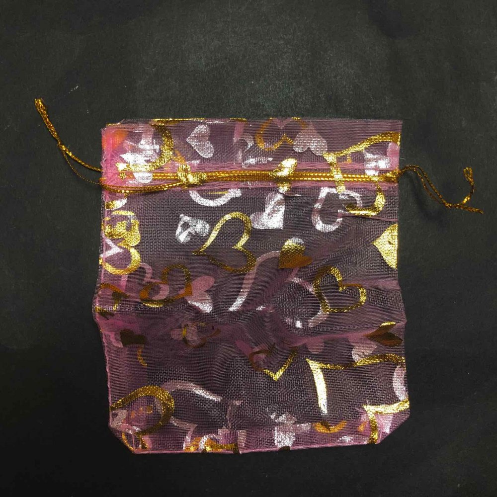 Gift Organza Bag Pink with Golden Hearts and Drawstrings 120×100 mm + - 100 pcs +