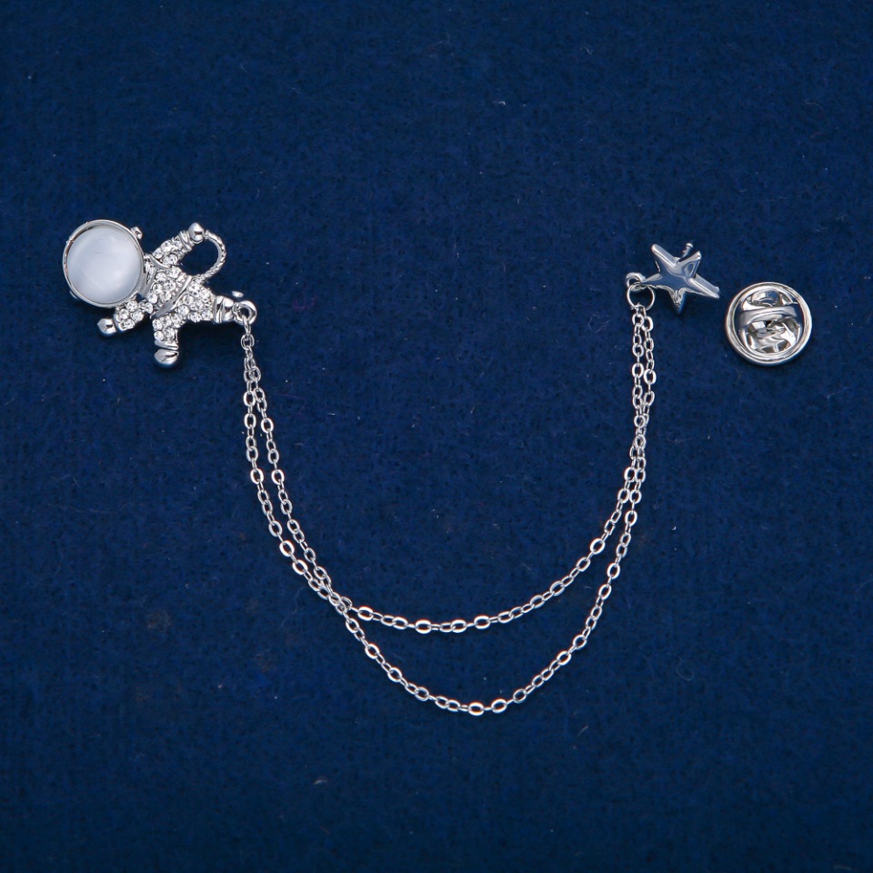 Astronaut Brooch with Cat's Eye Cabochon and White Crystals, Silver-Toned Metal 27x20 mm, length 12 cm