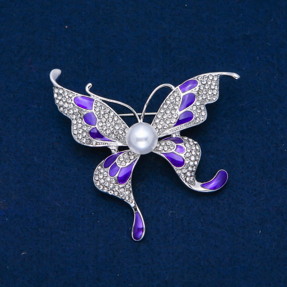 Brooch Butterfly with white crystals, enamel, bead, silver-tone metal 60x60mm +