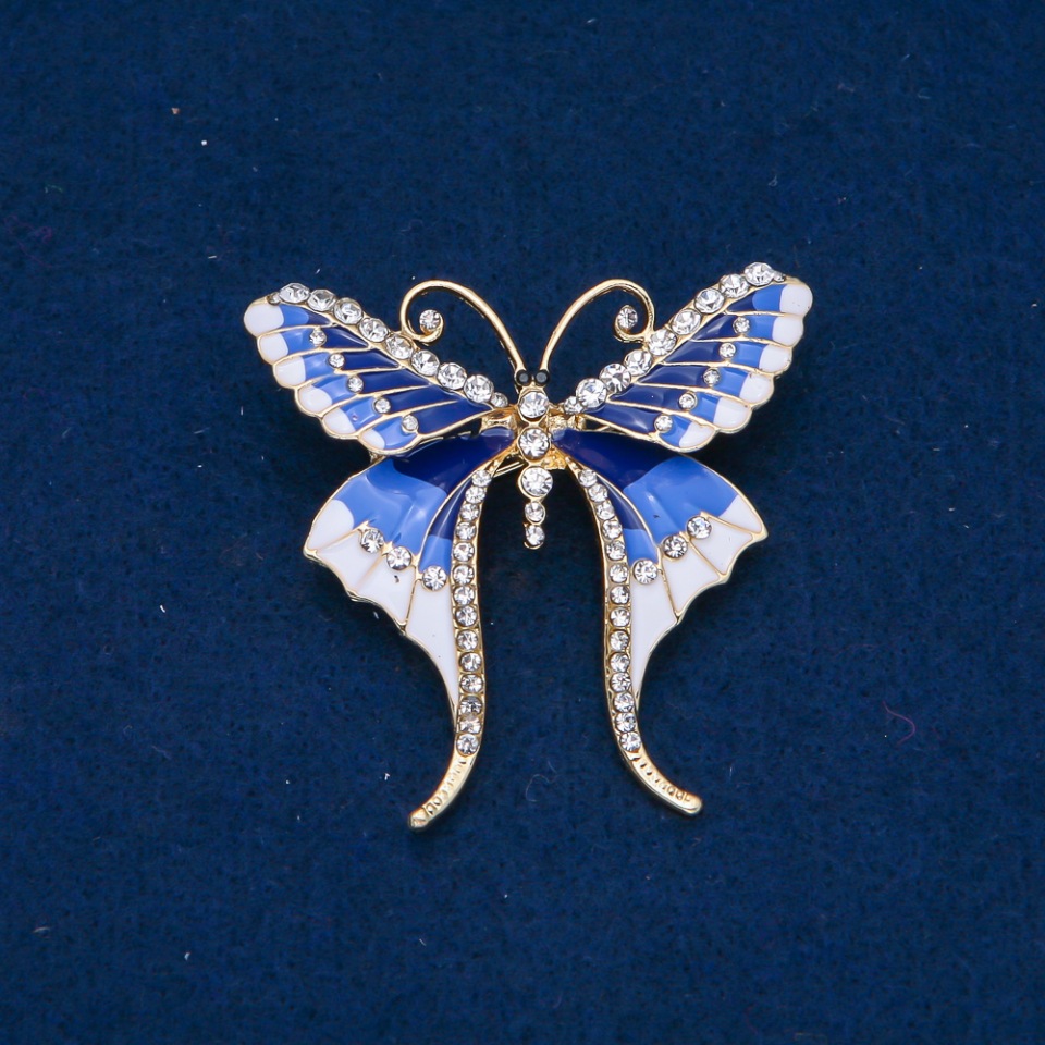 Butterfly Brooch with White Crystals, Light Blue and White Enamel, Gold-Tone Metal 48x50mm +