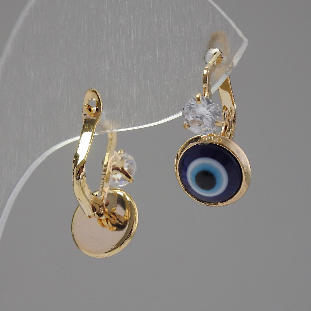 Earrings "Nazar" with an eye-shaped bead and large rhinestones, gold-colored metal, 1.8×1 cm