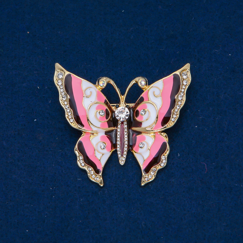 Butterfly Brooch, gold-tone metal, enamel, white crystals, 46x52 mm +