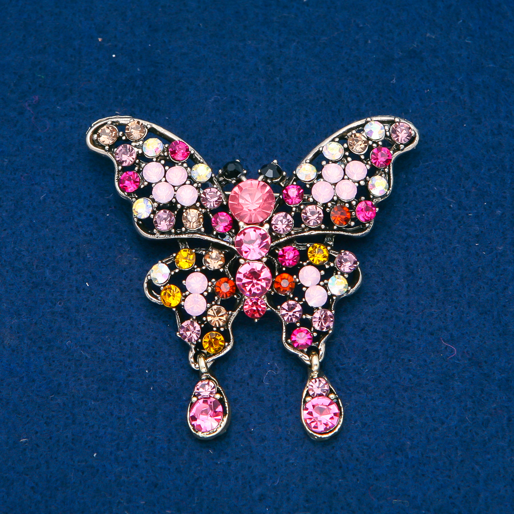 Brooch 'Butterfly', golden metal, with multicolored rhinestones, 48x60mm
