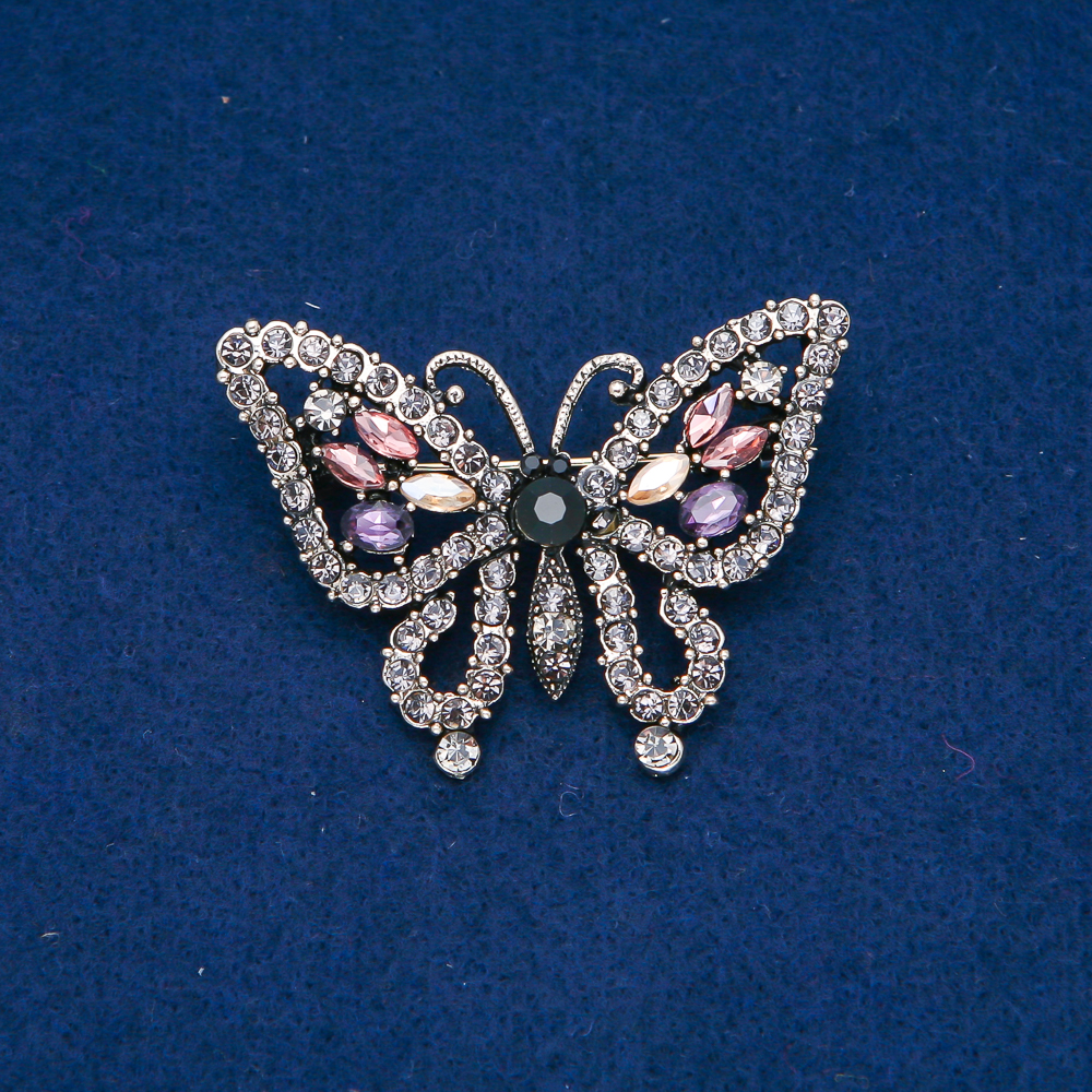 Butterfly Brooch with Gold-Tone Metal and Crystals, Gray, Purple, Pink and Yellow, 38x52mm +