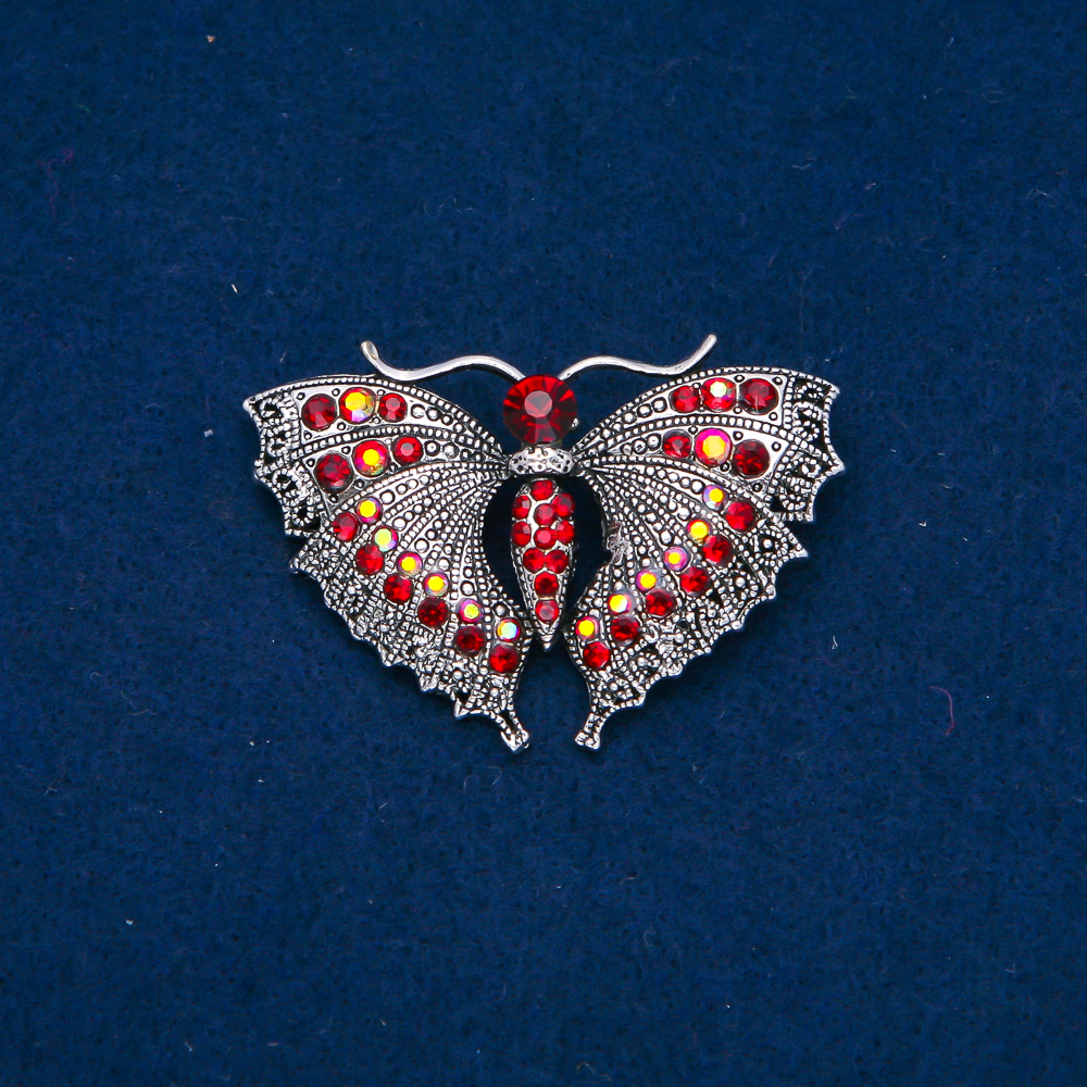 Butterfly Brooch in Silver-Toned Metal, Burgundy and Petrol Crystals 35×50 mm +