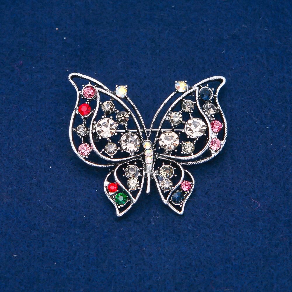 Butterfly Brooch in Silver-Toned Metal with Pink, Gray, and Gasoline-Colored Crystals, 46x52 mm