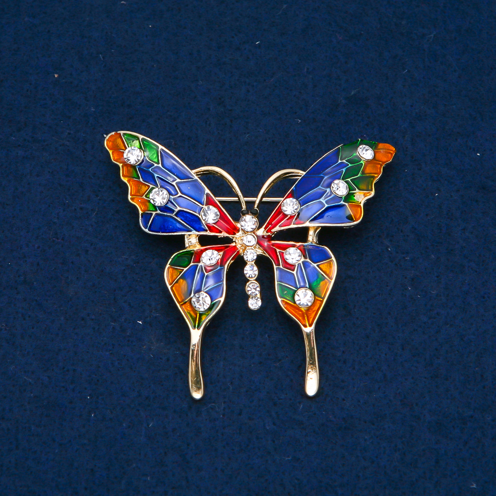 Golden Butterfly Brooch with Enamel and White Crystals, 48x54mm +