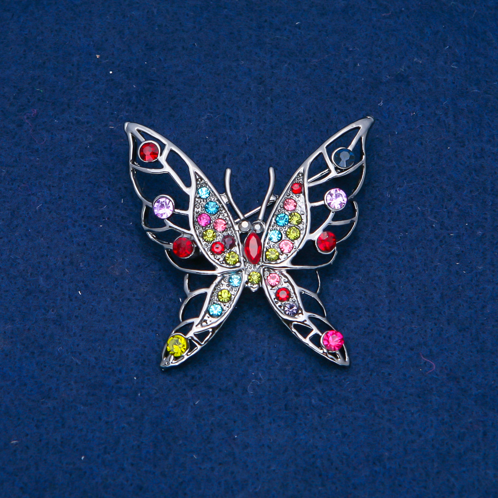 Butterfly Brooch, silver-toned metal, multicolored crystals 47x46 mm +